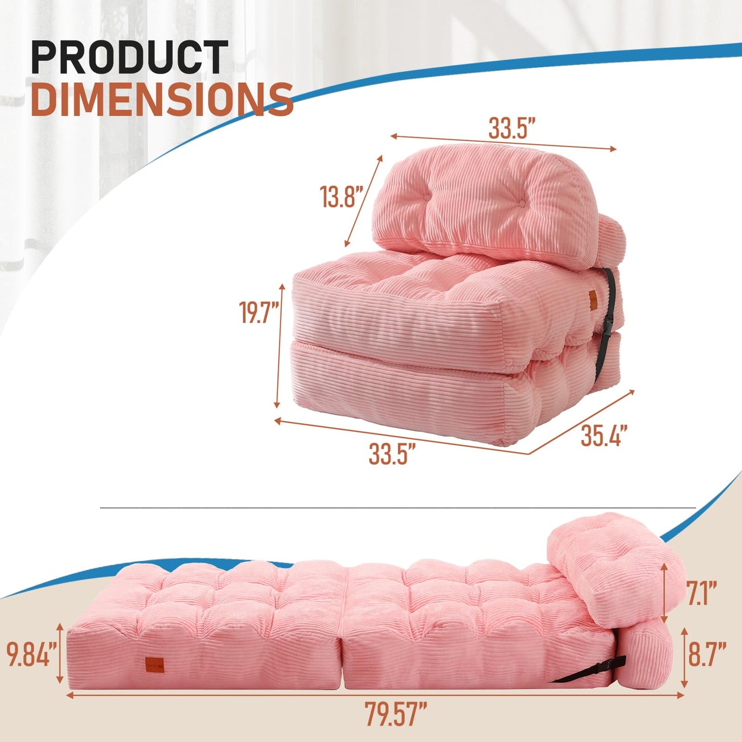 Vellorise Folding Sofa Bed, Convertible Sleeper Chair with Back Support and Pillow Futon,Boneless Foldable Couch for Living Room/Guest Use/Home Office, Foldable Chair Bed for Adults, Pink