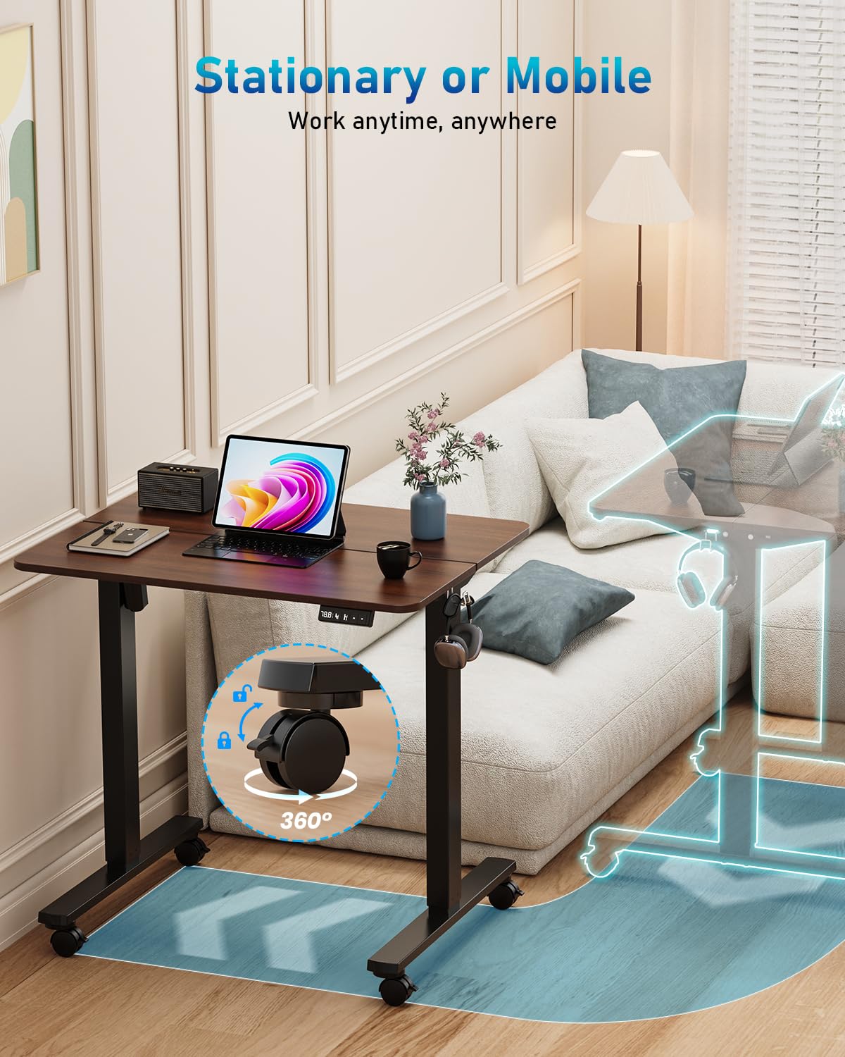 Xyndyx 32" Small Electric Rolling Standing Desk Adjustable Height, Mobile Sit Stand up Desk with Lockable Casters for Home Office & Computer Workstation, Splice Board, 2 Hooks, Black Frame/Walnut Top