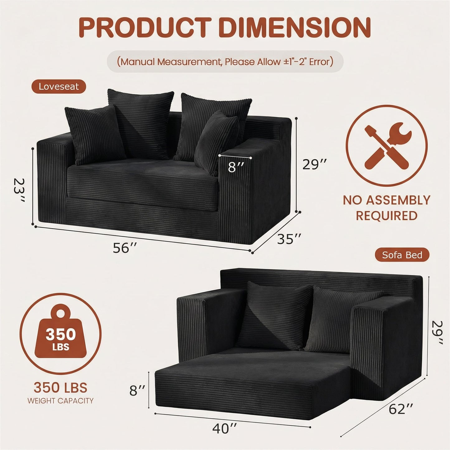 AOLVDOW Convertible Sofa Bed, 5 in 1 Small Boneless Couch Pull Out Loveseat Sleeper Sofa,Corduroy Futon Couch Folding Mattress with 4 Pillows for Living Room (Black, 56INCH)