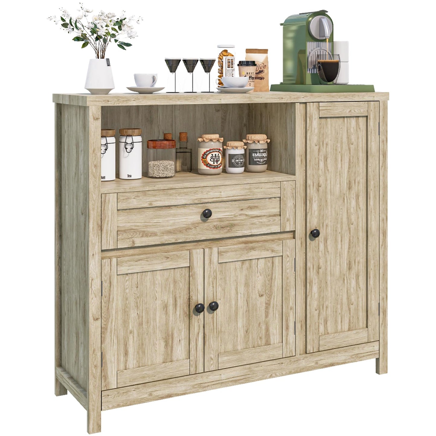 Viaozutis Coffee Bar Cabinet with Doors and Drawer, 35.4" Kitchen Storage Cabinet with Adjustable Shelf, Freestanding Buffet Sideboard for Dining Room, Bathroom, Entryway（Grey）