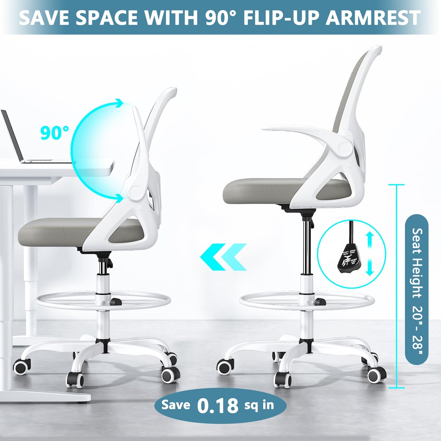 Kensaker Drafting Chair Tall Office Chair, Ergonomic Standing Desk Chair with Adjustable Foot Ring and Flip-up Armrests, Mesh Computer Chair for Art Studio, 300 LBS, Gray