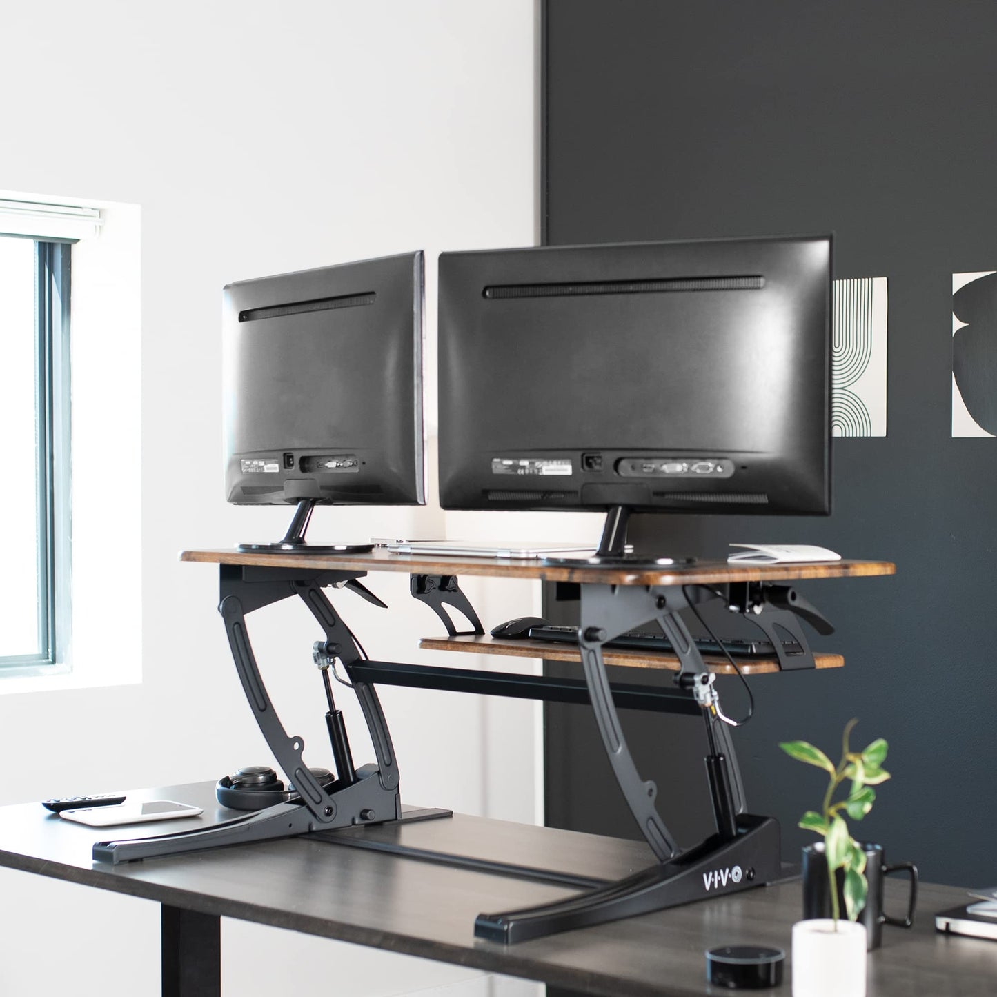 VIVO 42 inch Height Adjustable Stand Up Desk Converter, V Series, Quick Sit to Stand Tabletop Dual Monitor Riser Workstation, Rustic Vintage Brown Top, Black Frame, DESK-V000VLN