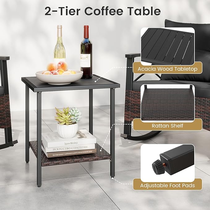 Tangkula 3 Piece Rattan Rocking Chair Set, Patio Rocker Bistro Set