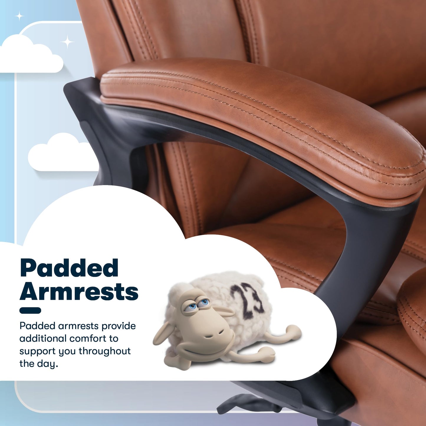 Serta Fairbanks Big & Tall Executive Office Chair, Ergonomic High-Back with Lumbar Support, Semi-Plush Seat Cushion and Body Pillows, Padded Armrests, Nylon Swivel Base, Bonded Leather, Cognac Brown