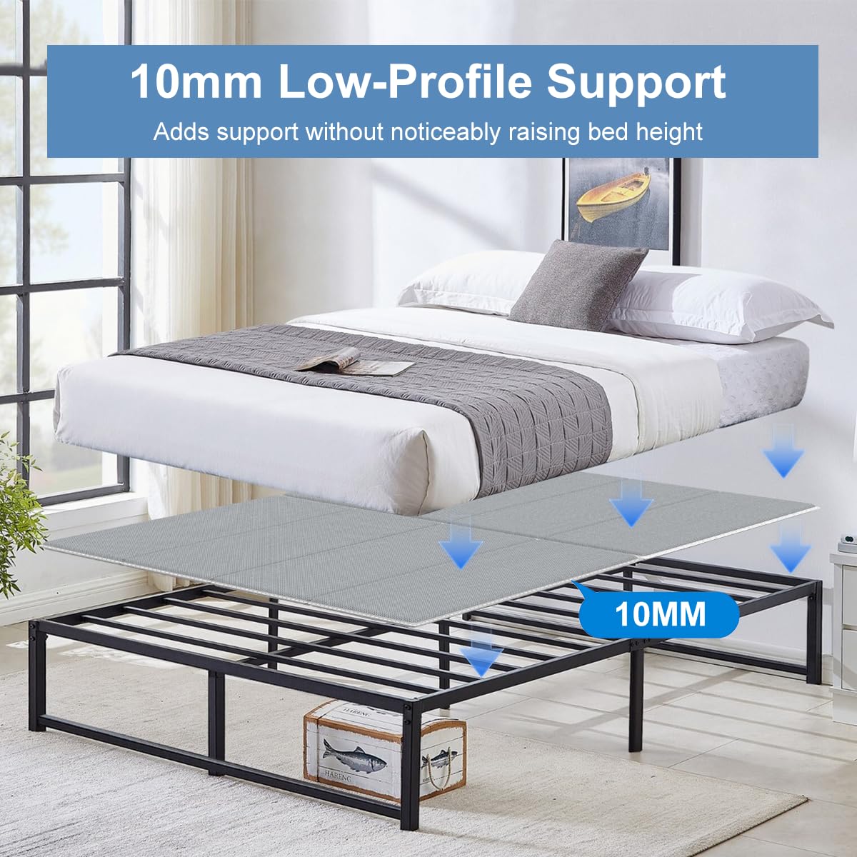 ROSBALY Queen Bunkie Board 60 x 80, 10mm Low Profile Bed Board with Full Anti-Slip Bottom, Under Mattress Support for Platform Beds, Metal Slats & Slatted Frames