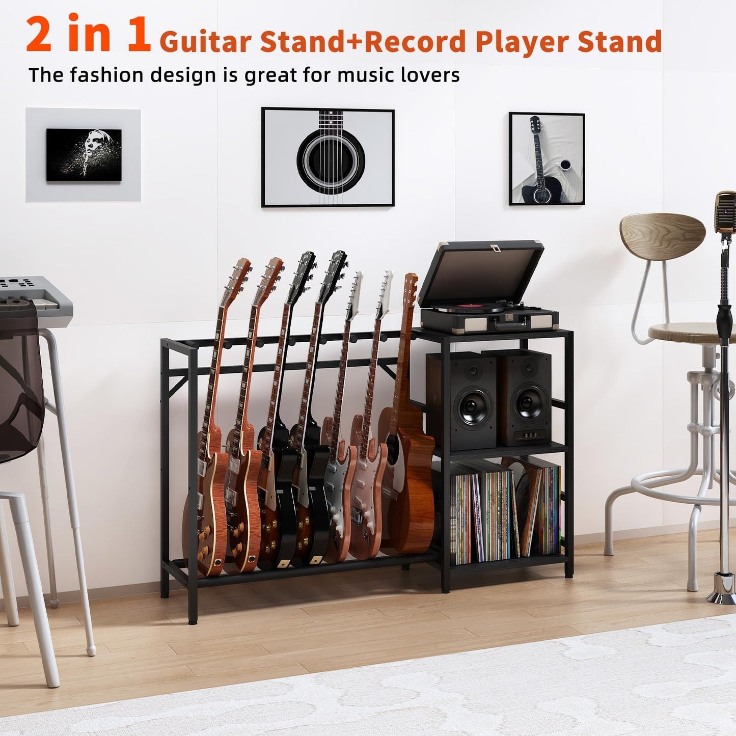 ZHNSYDN Guitar Stand with Record Player Stand, Guitar Rack with Record Player Table, Guitar Holder 7 Space for Multiple Guitars, Bass, Acoustic, Guitar Display for Home Music Studio, Black