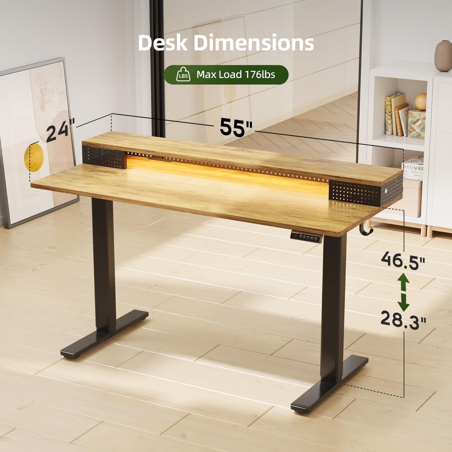 Claiks Electric Standing Desk with Shelf, 55 Inch Height Adjustable Standing Desk with LED Lights & Monitor Stand, Black Frame/Rustic Brown Top