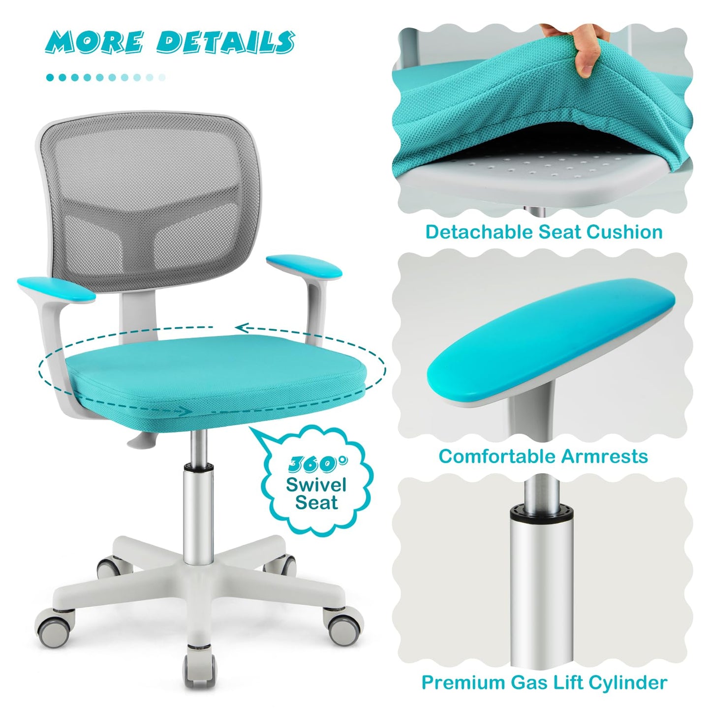 Costzon Kids Desk Chair, Adjustable Children Study Computer Chair with Arms & Wheels, Student Swivel Rolling Task Chair, Ergonomic Kids Office Chair for Boys Girls Age 4-12, Home Bedroom School, Green