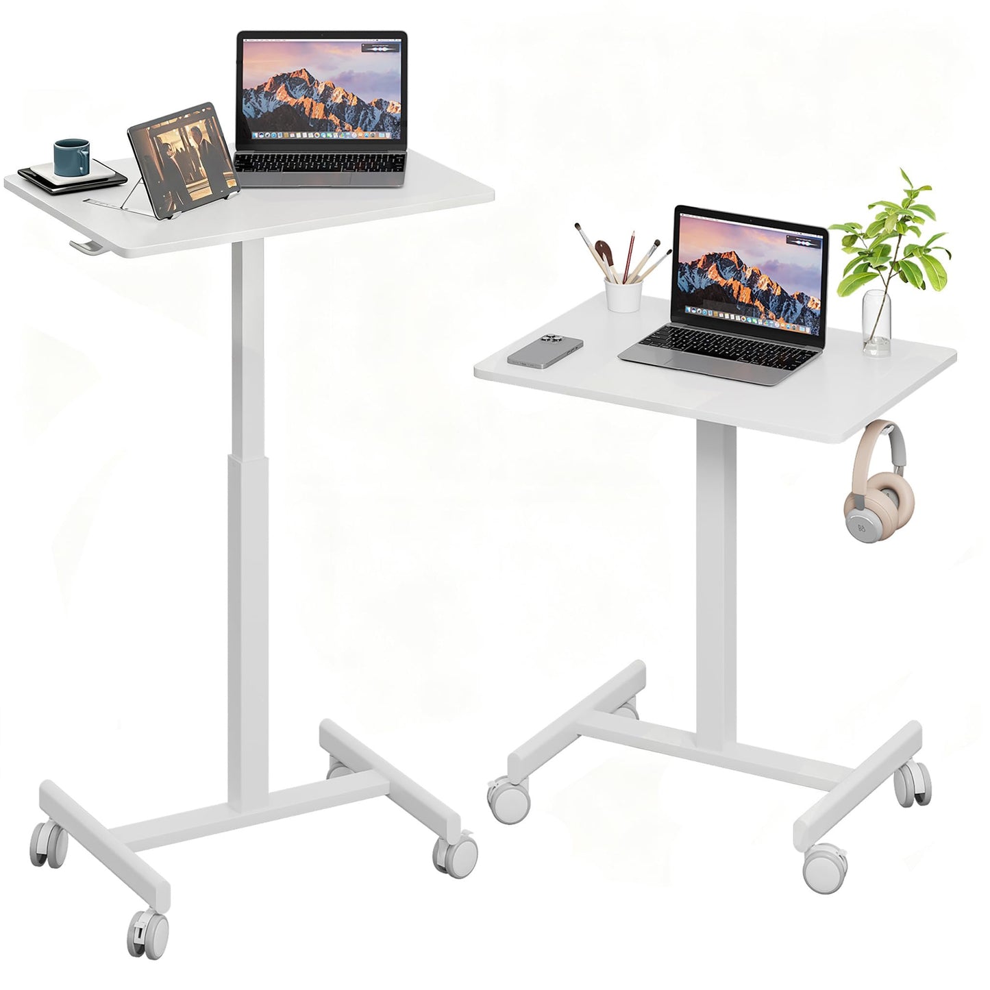Gamork 18.9 * 25.6 inch Mobile Standing Desk,T Shaped Pneumatic Adjustable Height Stand Up Desk,with Lockable Wheels,Ergonomic Standing Side Table for Home Office Work Computer Workstation White