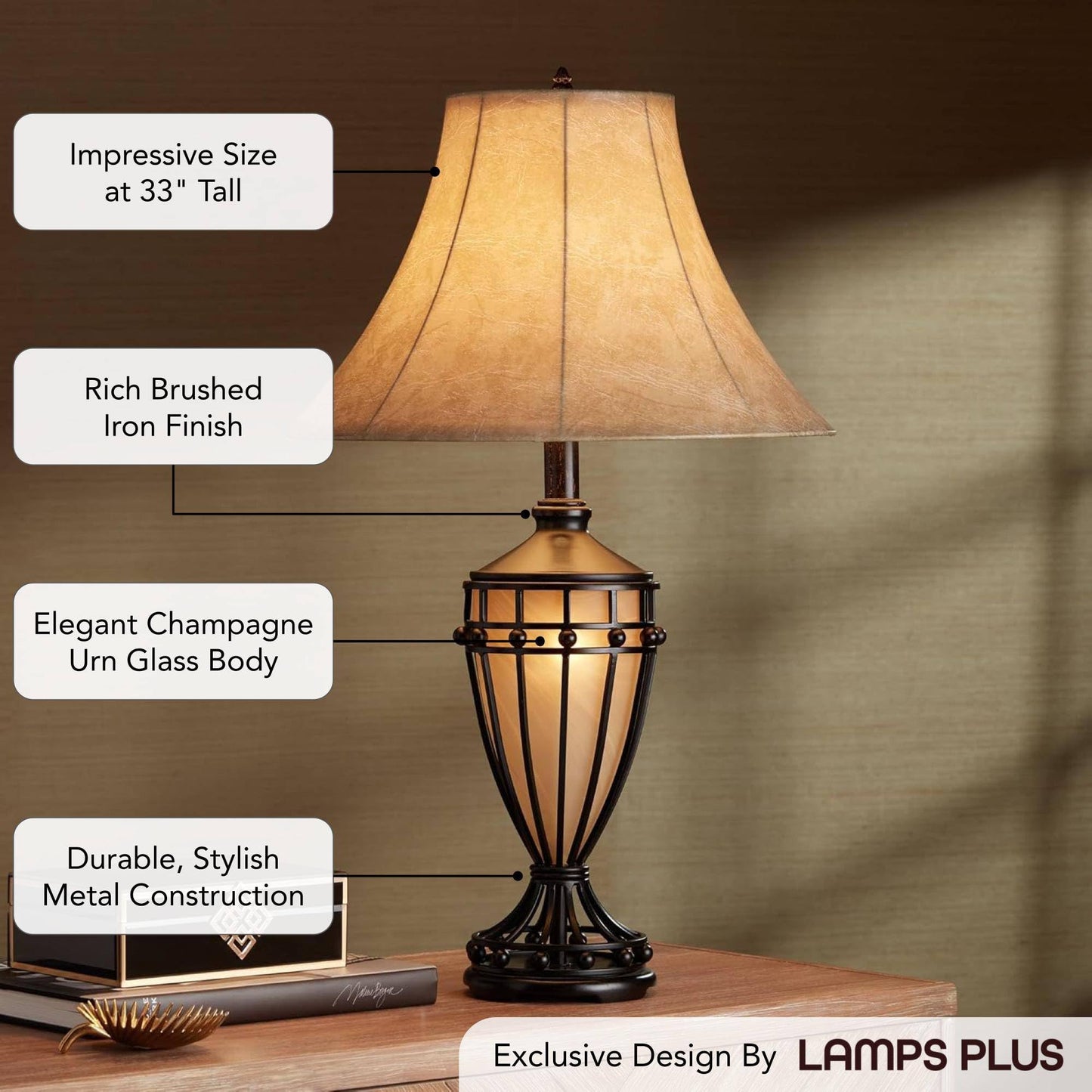 Franklin Iron Works Cardiff Traditional Table Lamp 33" Tall with Night Light Brushed Iron Cage Champagne Urn Glass Beige Bell Flared Shade for Bedroom Living Room House Bedside Nightstand Office