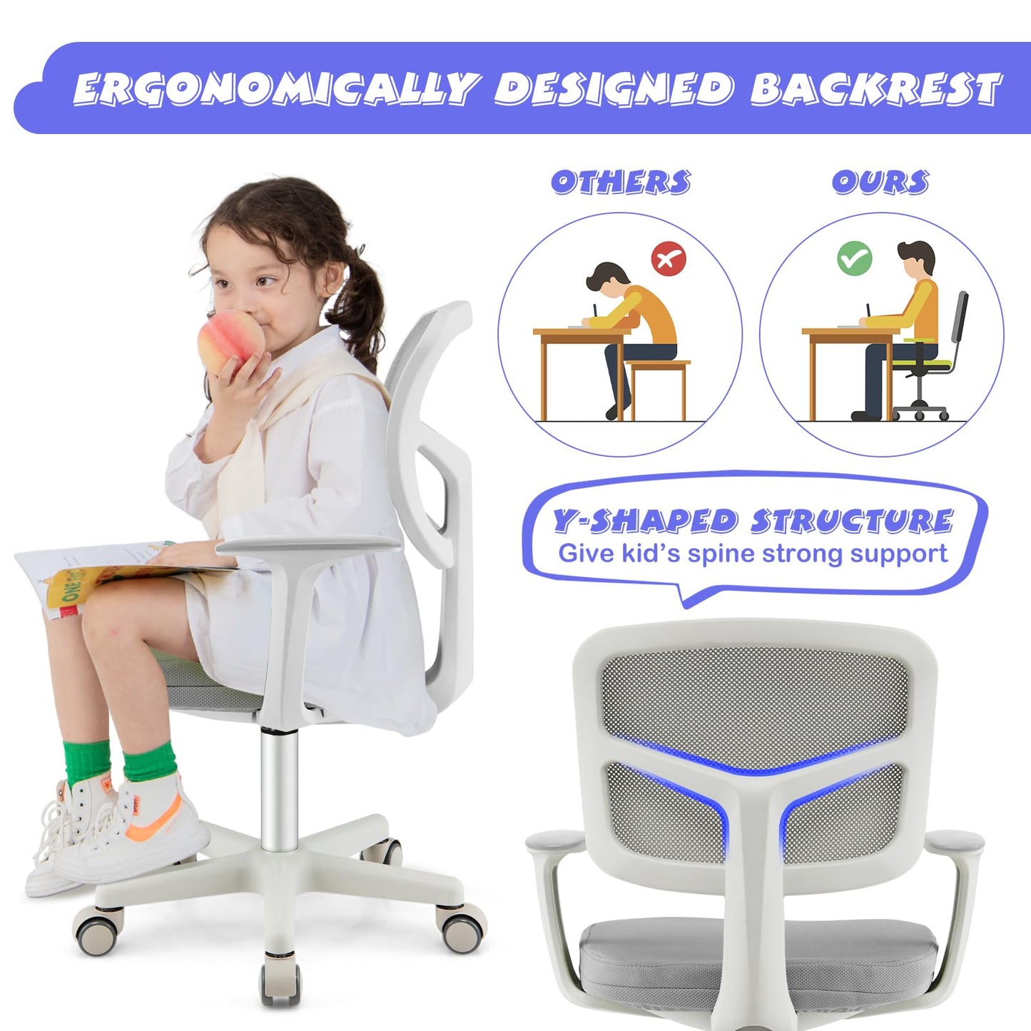Costzon Kids Desk Chair, Adjustable Children Study Computer Chair with Arms & Wheels, Student Swivel Rolling Task Chair, Ergonomic Kids Office Chair for Boys Girls Age 4-12, Home Bedroom School, Grey