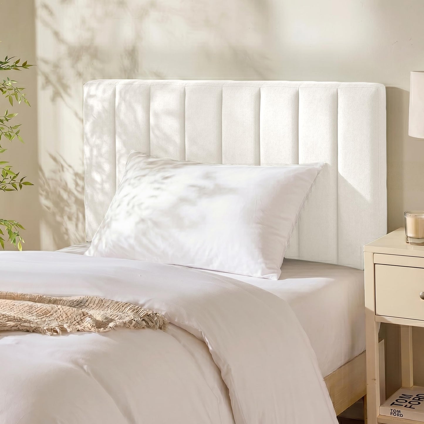 Hearth & Harbor Upholstered Twin Headboard - Easy Assemble Channel Stitched Headboard Twin Size - Wall Mounted Headboards with 3D Soundproof Wall Panels Peel & Stick Floating Headboards, Off White