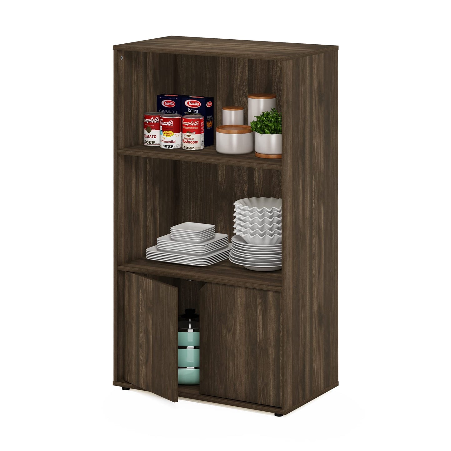 Furinno Jaya Pantry Organizers, 3-Tier Kitchen Cabinet, Coffee Bar, Kitchen Storage with Open Shelves and Closed Cabinet, for Pantry Organizers and Storage, Brown Walnut