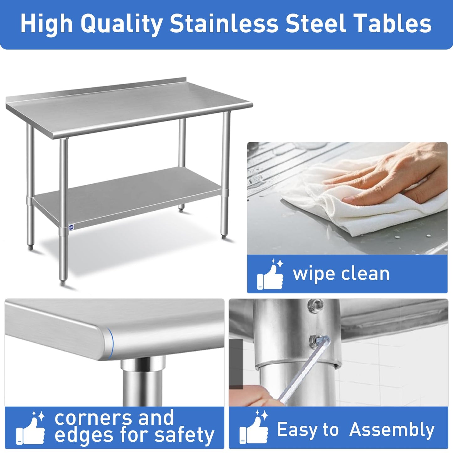 ROCKPOINT Stainless Steel Table for Prep & Work with Backsplash 24x30 Inches, NSF Metal Commercial Kitchen Heavy Duty Table with Adjustable Under Shelf and Table Foot for Restaurant, Home and Hotel