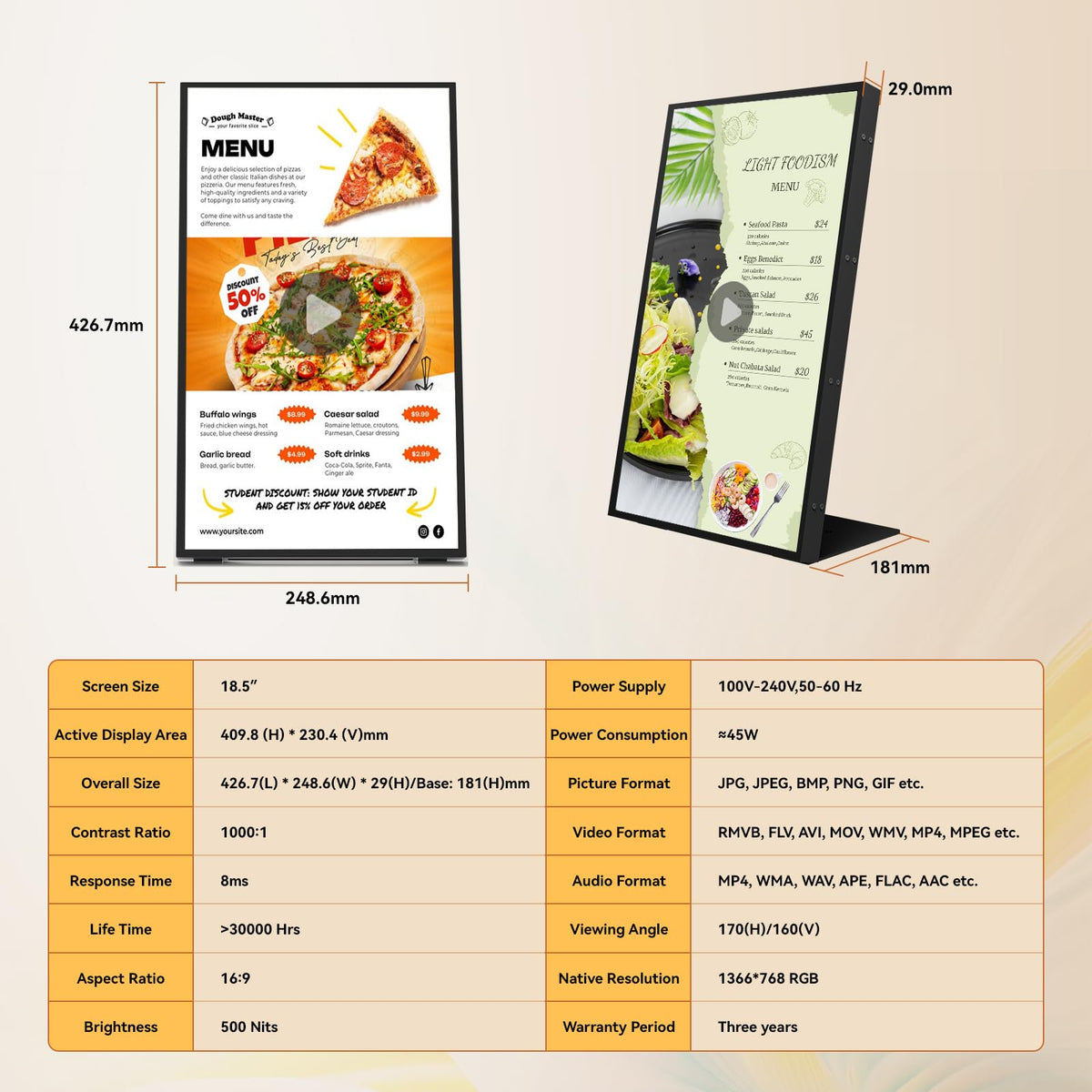 Canlarriz Digital Menu Board 18.5 Inch 700 Nits Ultra-Bright Android Display with Free Web Editor, Desktop Digital Signage for Stores, Restaurants & Commercial Use