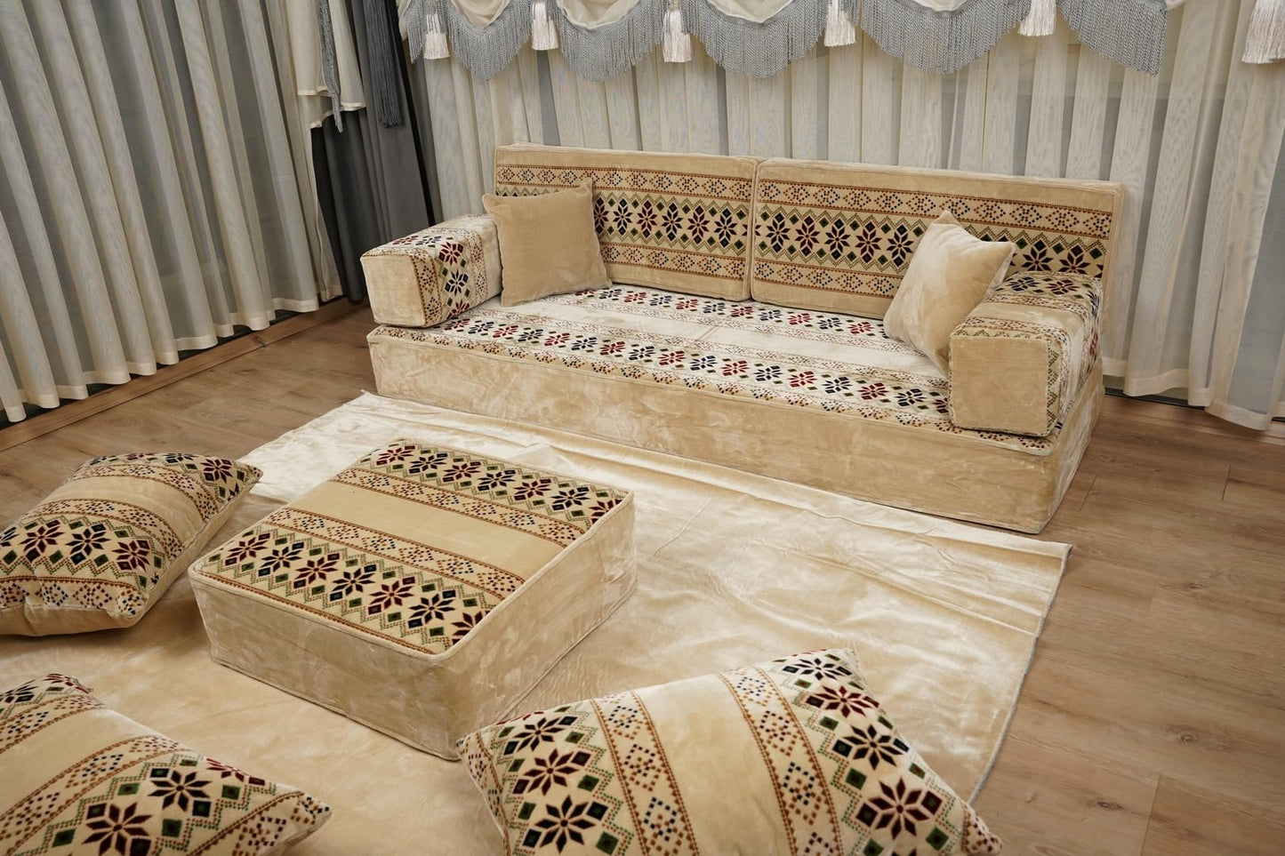 arabicsofa White Modular Diwan Sectional Seating – Arabic Jalsa Sofa Set with Cushions, Handmade Lounge Sofa for Living Room (Royal White Ethnic, 8'' Single Full Set)