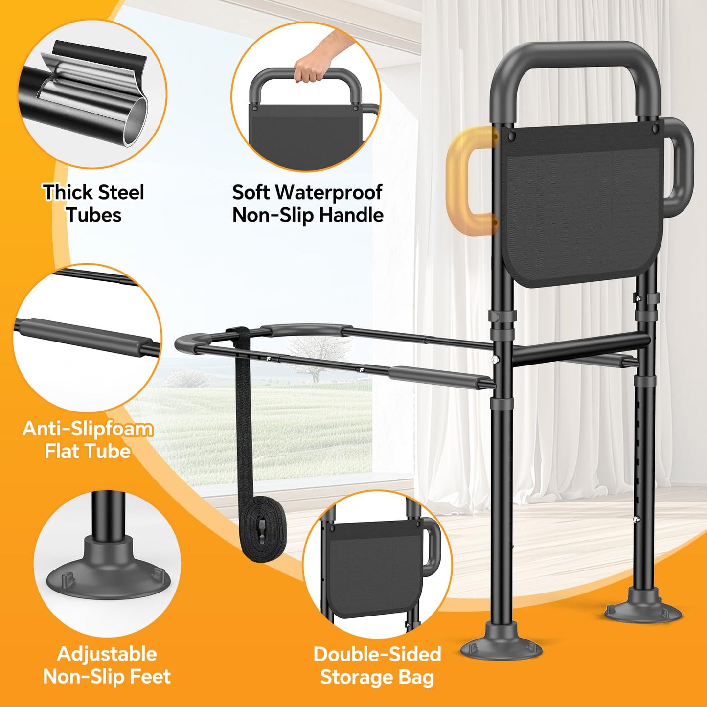 OUWEJHGH Bed Rails for Elderly Adults Safety – Adjustable Height Bed Assist Rail for Seniors, 400lb Capacity, ASTM Approved, Non-Slip Handle, Fixing Strap & Storage Pocket (Twin/Full/Queen/King)