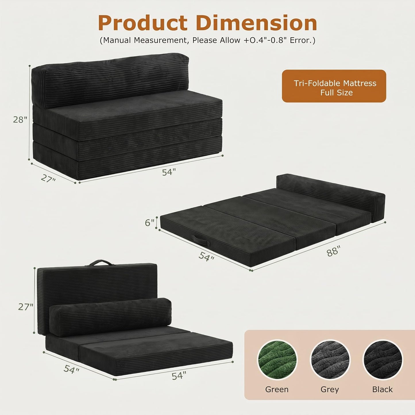 5 in 1 Foldable Floor Sofa Bed, Tri-Fold Memory Foam Futon Mattress, Convertible Sleeper Couch Guest Bed, Portable Fold Out Sofa Couch for Living Room Apartment Office Guest Room