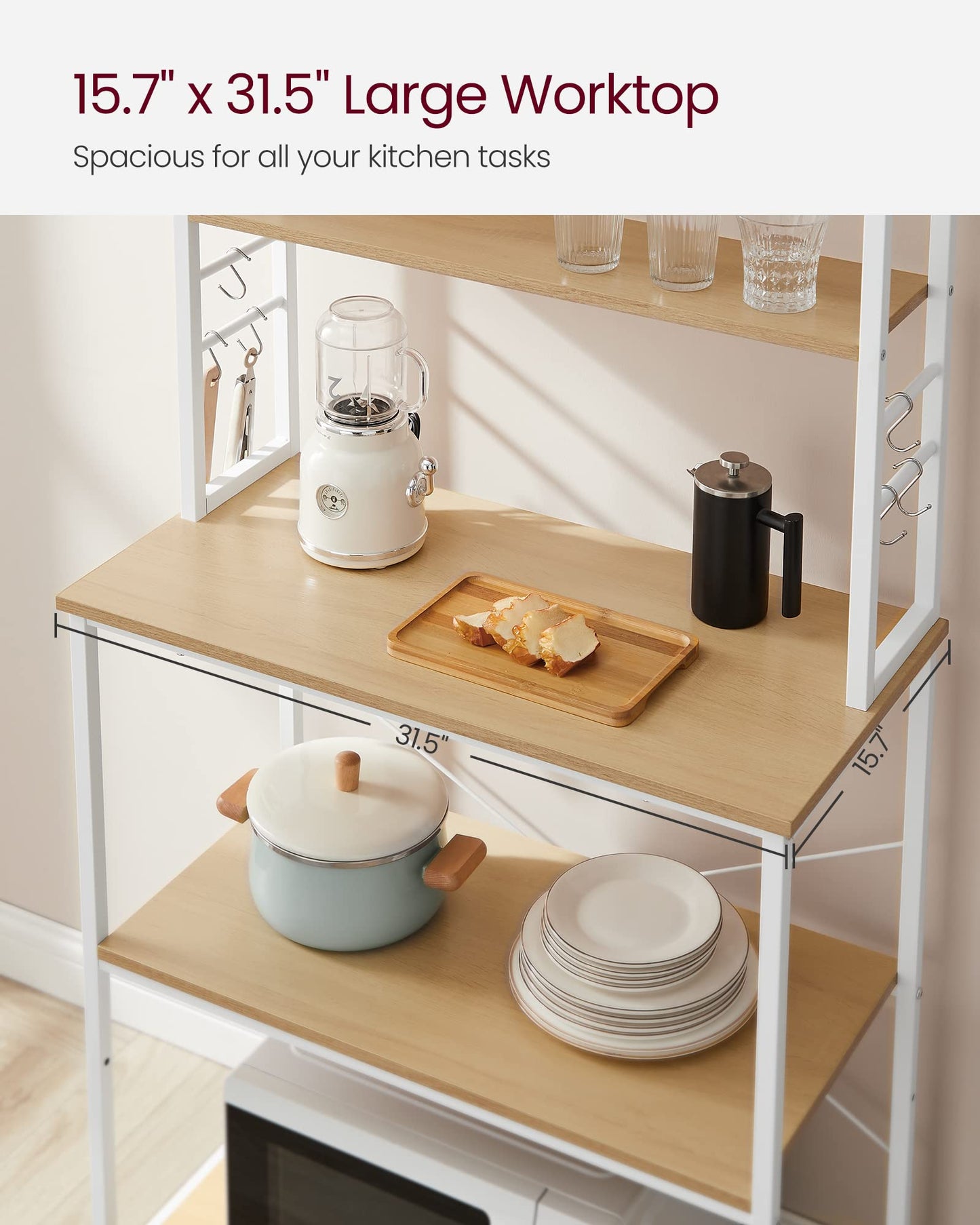 VASAGLE Coffee Bar, 31.5 Inches Baker's Rack for Kitchen with Storage, 6-Tier Kitchen Shelves with 6 Hooks, Microwave Stand, Modern, Golden Oak and Cloud White UKKS019W09