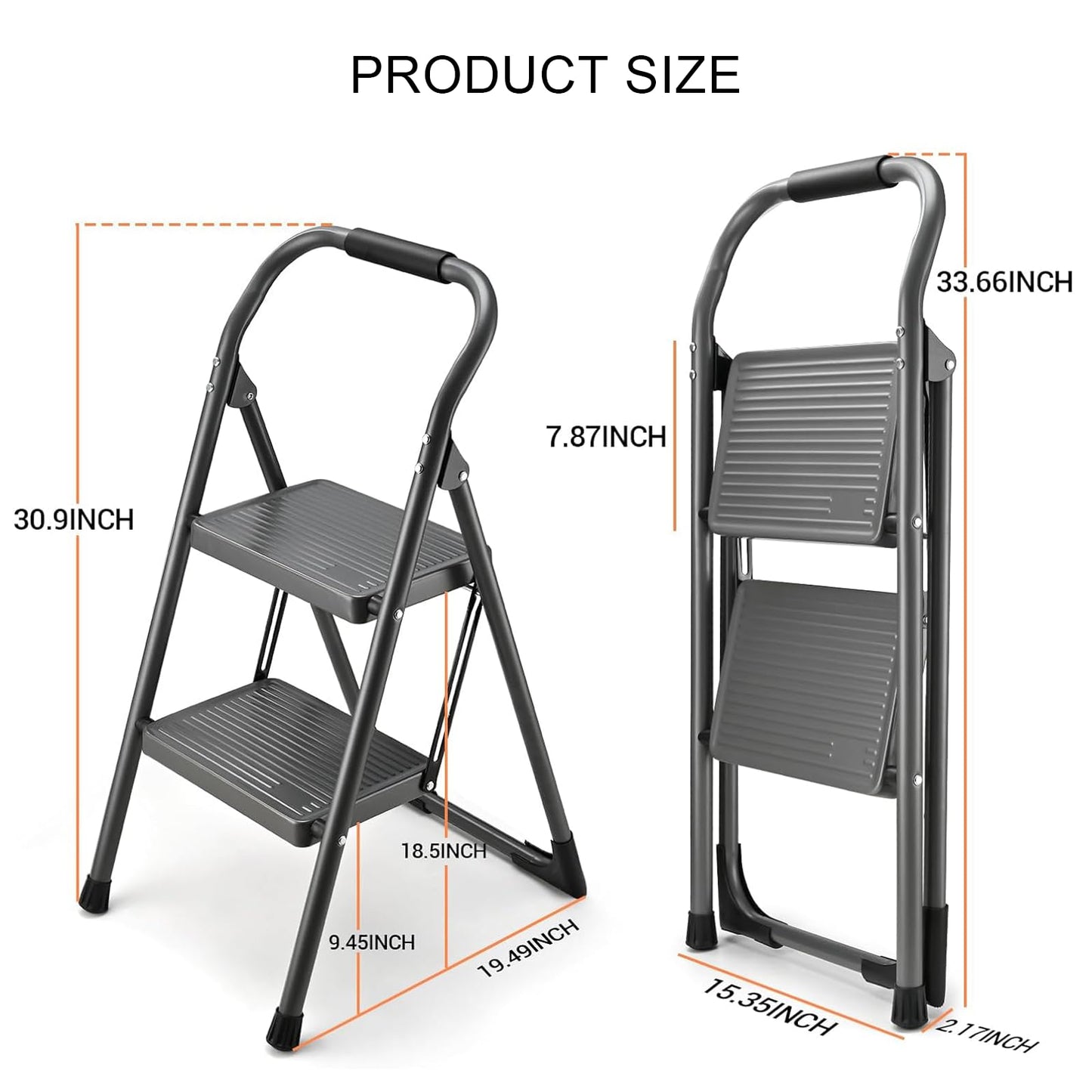 Step Stool for Adults,2 Step Ladder Folding 330lbs Anti Slip Step Stool,Foldable Ergonomic 2 Steel Stool with Wide Pedal for Home, Kitchen, Office (Gray)