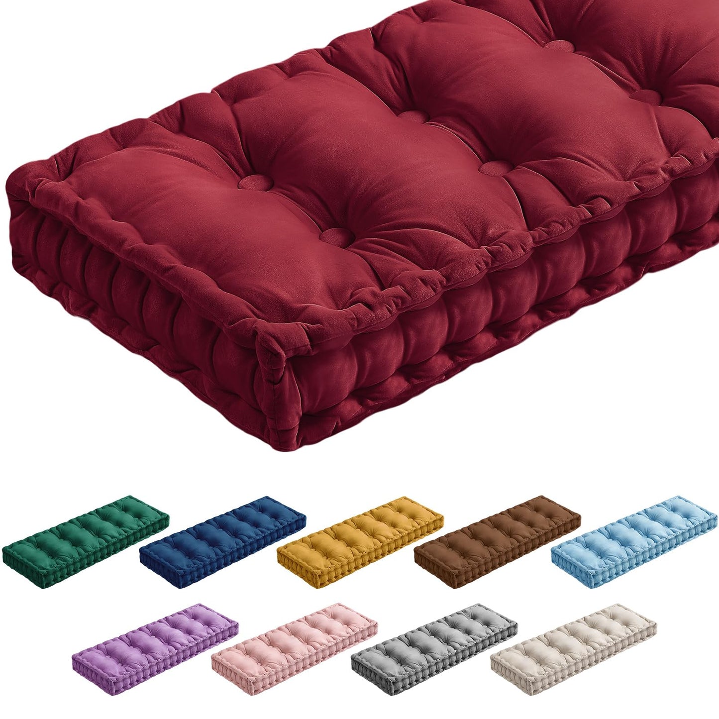 Threehoney Bench Cushions for Indoor Furniture 42x16 in Velvet Kitchen Dining Piano Window Seat Cushion, Tufted Patio Porch Swing Thicken Bench Pad Memory Foam for Christmas Decor(Dark Red)