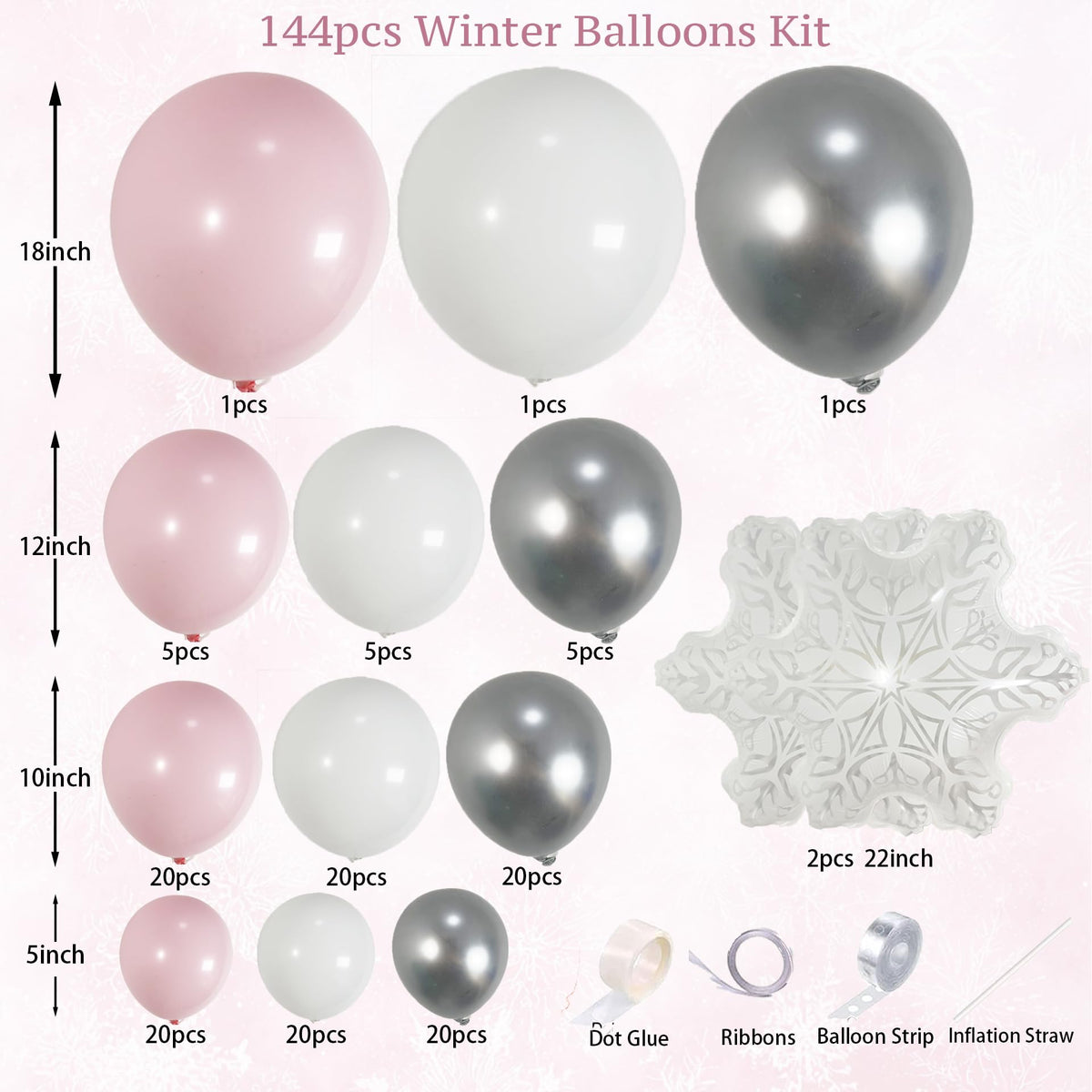 PartyXpress 144PCS Pink Winter Balloon Arch Garland Kit with White Silver Snowflake Star Balloons for Winter Wonderland Girl Baby Shower, Baby Its Cold Outside Party, Christmas Decorations