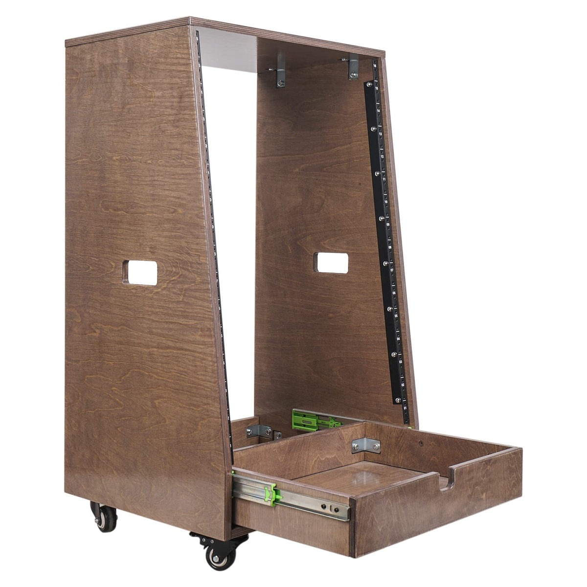 Sound Town 16U DIY Solid Baltic Birch Plywood Slanted Studio Rack with 16U Rack Space, Extra 2U Drawer, Rubber Feet, Casters, Weathered Brown (SDRK-16TBD2)