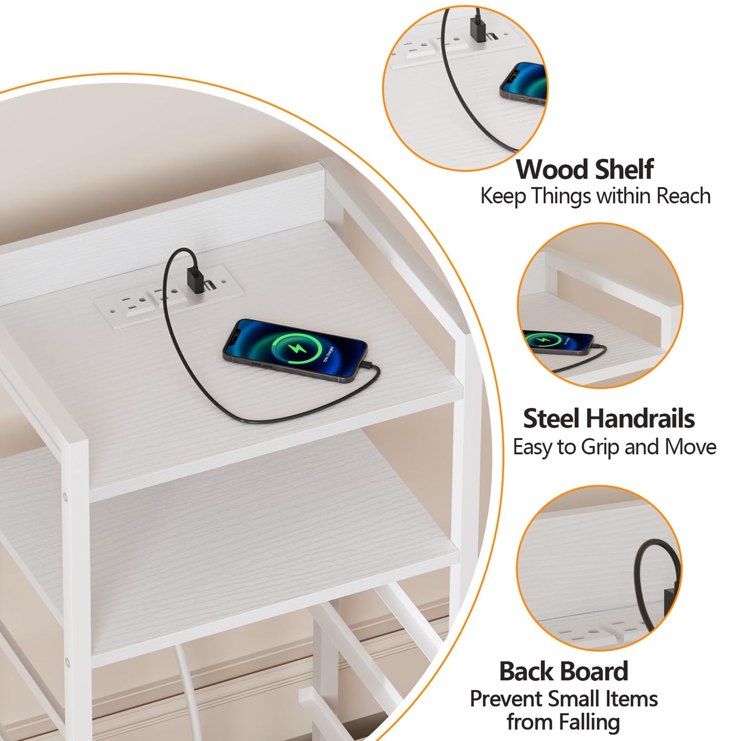Furnulem White Nightstand with Charging Station, Night Stand Side Table with Led Light, Tall Dresser for Bedroom with 4 Fabric Storage Drawers, Metal Frame, Wood Shelf(White)