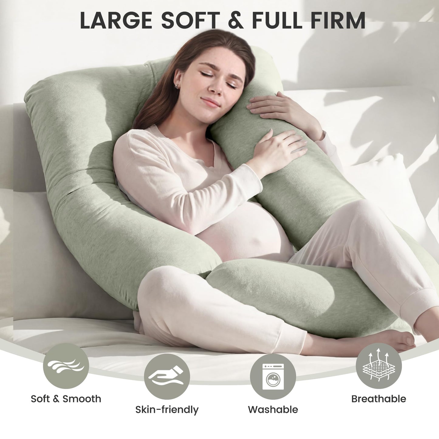 Jcickt Pregnancy Pillow for Sleeping,59 inch Maternity Pillow with Removable Washable Cover,J-Shaped Cooling Full Body Pregnant Pillow -Support for Backs,Legs, Belly, HIPS, Improve Sleep -Pea Green