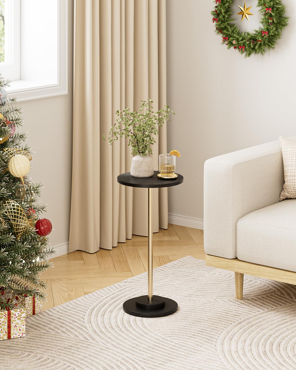 Round Side Table, Small Drink Table for Small Spaces, Modern Accent End Table with Metal Leg for Living Room, Bedroom, Corners, and Office (Black Gold)