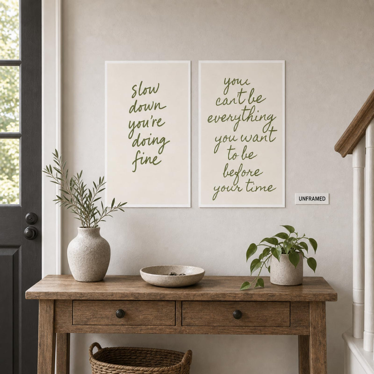 Slow Down & You Can't Be Everything Quote Wall Art Set of 2 Modern Minimalist Sage Green Neutral Tone Inspirational Wall Decor for Living Room Bedroom Office Calming Mindfulness Art 16x24 Inch Unframed