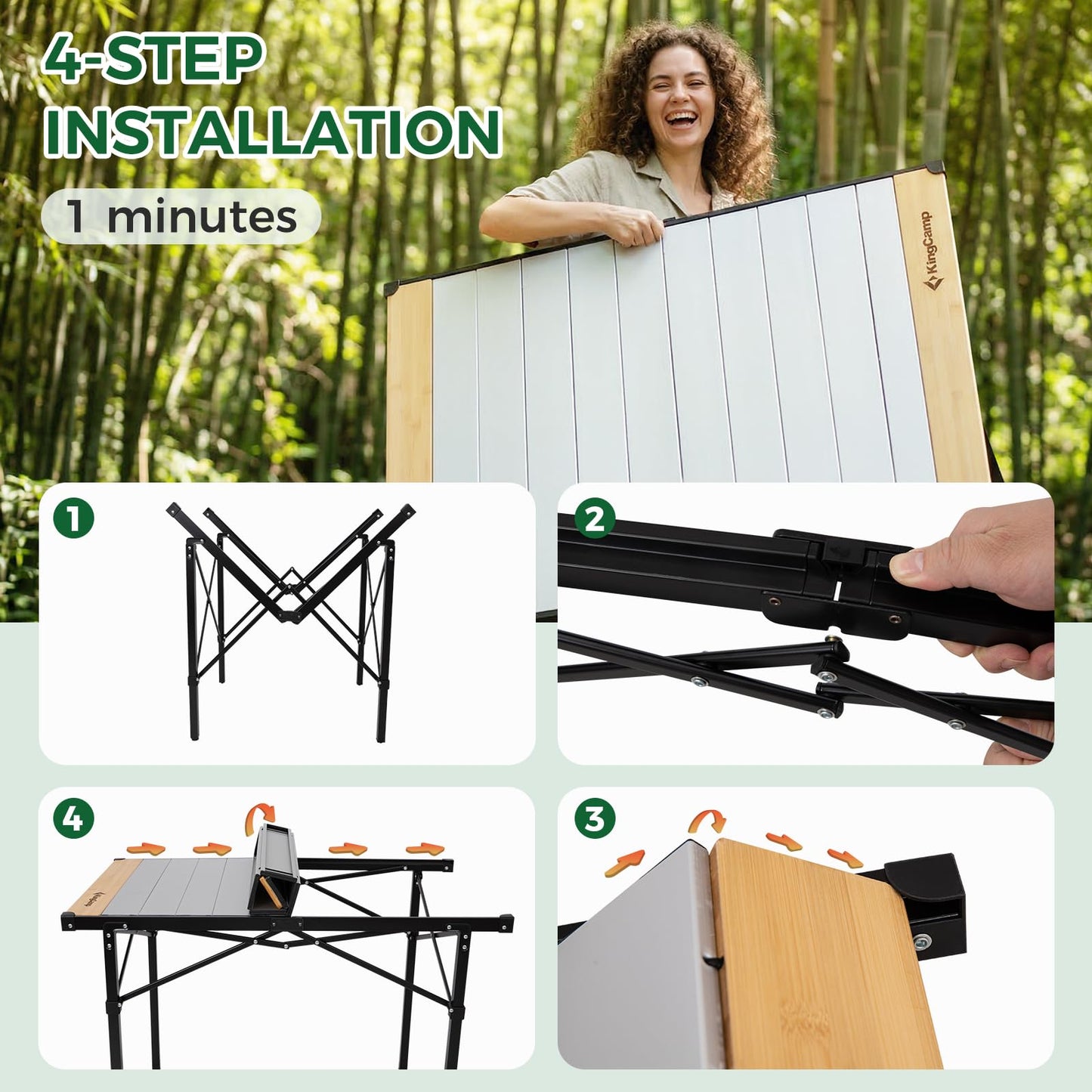 KingCamp Folding Camping Table, Aluminum Roll-Up Camp Table, Large Foldable Table for 4-6 Person, Outdoor Portable Tables with Carry Bag, 176 LBS Heavy Duty Load (Bamboo：40.16“x27.5”，4-6 People)