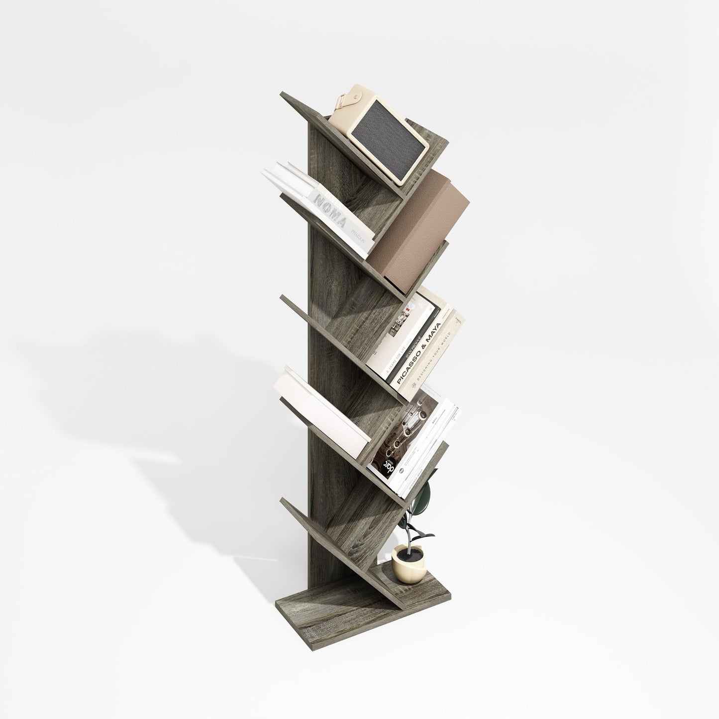Furinno Tree Book Shelf, 9-Tier Bookshelf, Tree Bookcase for Room Decor, 8.4 x 15.7 x 50.9, for Living Room, Bedroom, Home Office, Grey Oak