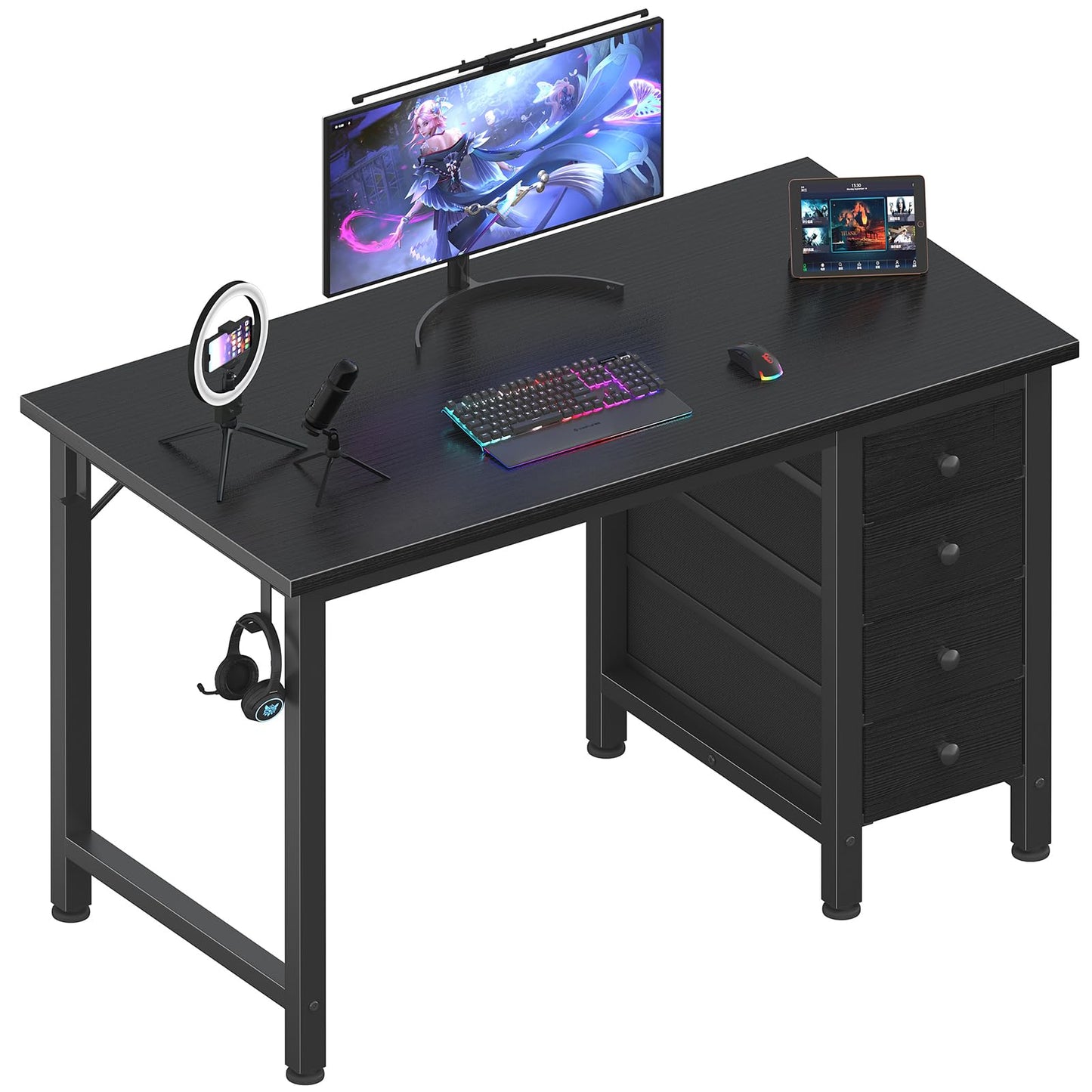 Lufeiya Small Gaming Desk with 4 Drawers, 40 Inch Kids Girls Teen Cute Study Desk for Bedroom, Reversible Work Computer Writing Table Desks for Small Space Home Office, Black