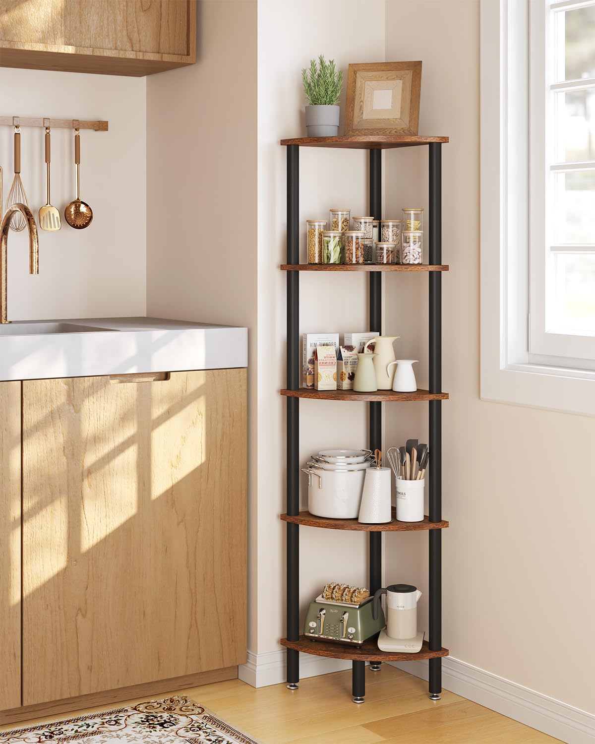 IBUYKE 5 Tier Corner Shelf Stand,Industrial Corner Display Rack,Corner Bookshelf for Living Room, Bedroom, Kitchen, Home Office, Brown WBC010H
