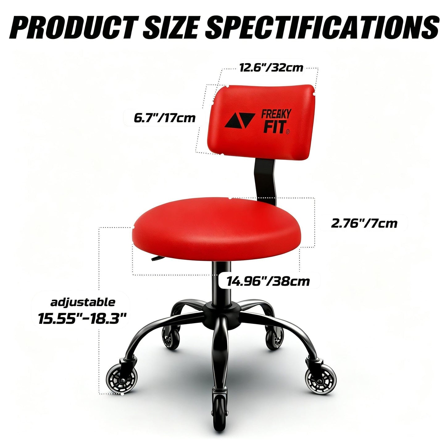 FreekyFit Rolling Shop Stool with Wheels, Mechanic Garage Short Stool Chair with Adjustable Height 15.55"-18.3", Heavy Duty Swivel Roller Seat for Garage, Salon and Tattoo Beauty, Red