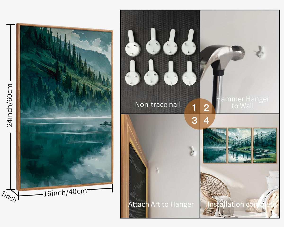 Tinonedraw Large Nature Forest Framed Canvas Wall Art Set, Boho Mountains Calming Lake Wall Decor, Green Pine Trees Artwork, Northern Wilderness Art Painting for Living Room Bedroom Office 16"x24"x3