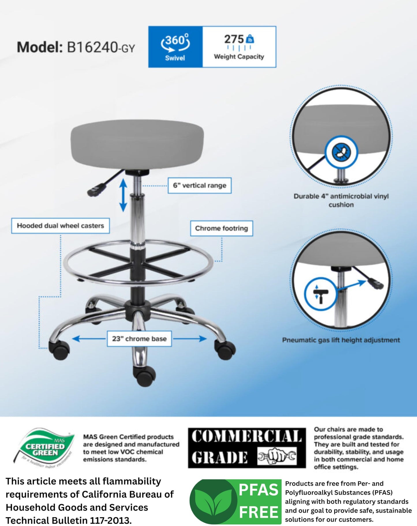 Boss Office Products Adjustable 16" Drafting Stool, Grey