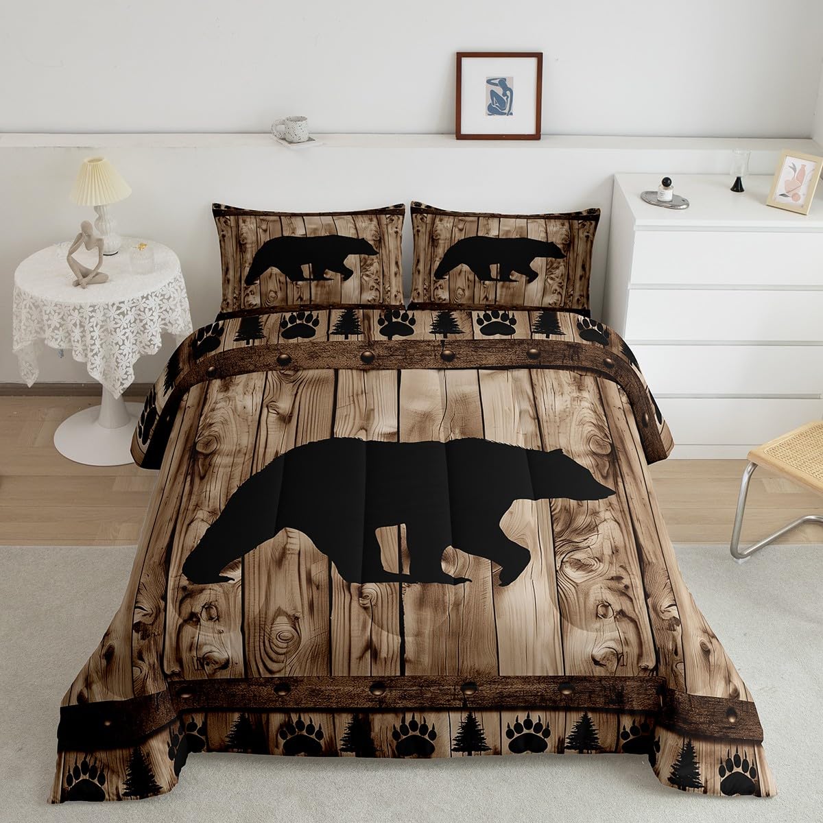 Castle Fairy Bear Comforter Set Twin Size,Rustic Farmhouse Style Bedding Set 2Pcs,Hunting Wild Animal Quilt Set for Kids Boys Men Adult Room Decor,Brown Wooden Board Print Duvet Insert,1 Pillowcase