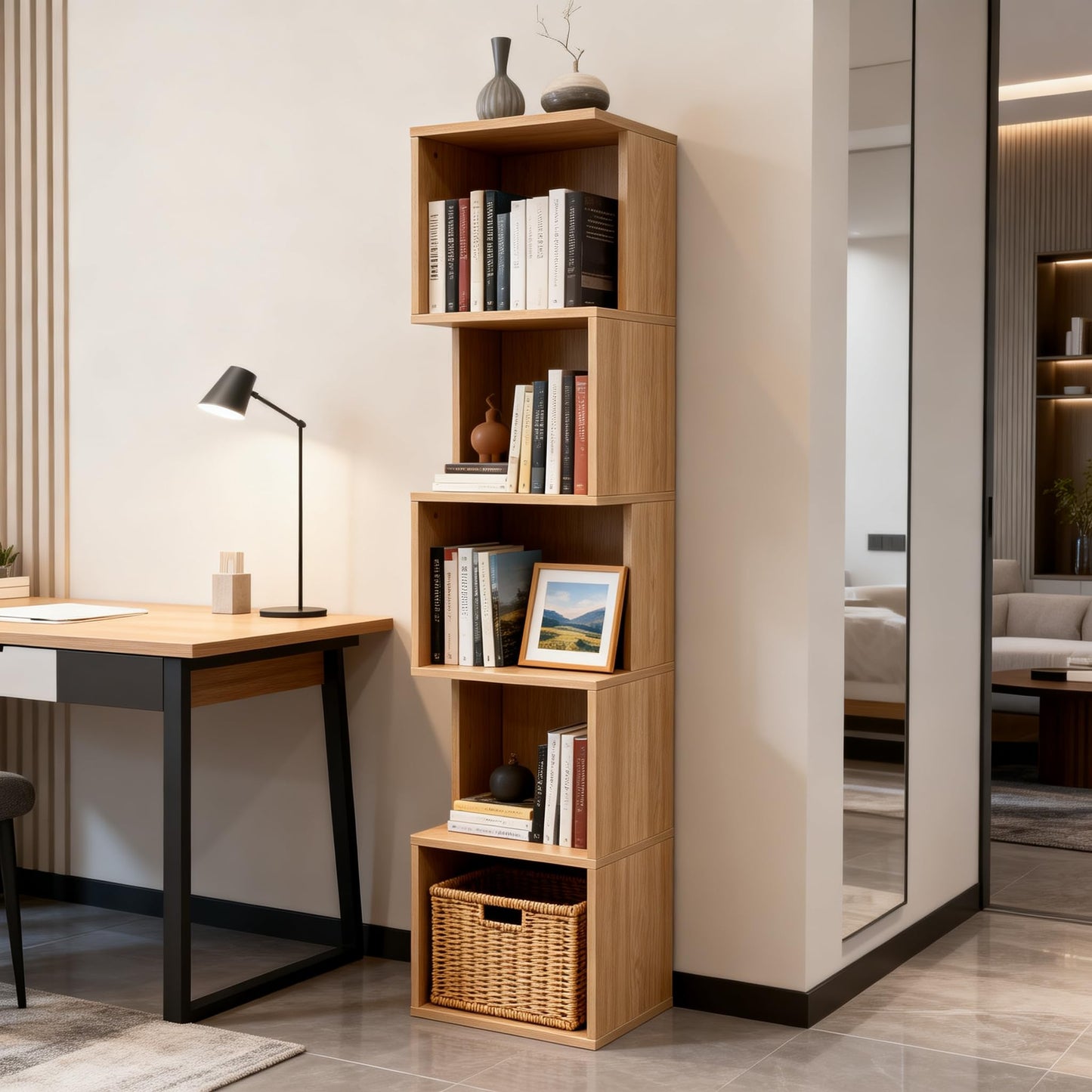 Enjoy Smart 5 Cube Bookshelf, Freestanding 5 Tier Open Display Shelf, Rustic Oak Texture Cube Storage Organizer with Eco-Friendly Melamine Surface for Home Office Bedroom Living Room Study, Oak