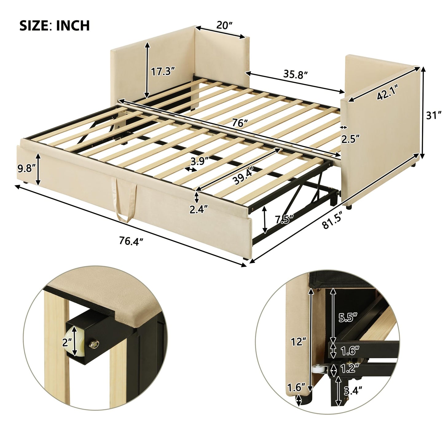 Merax Twin Size Upholstered Daybed Sofa Bed Frame with Extendable Trundle,Backrest and Two Armrests,for Bedroom,Beige Yellow