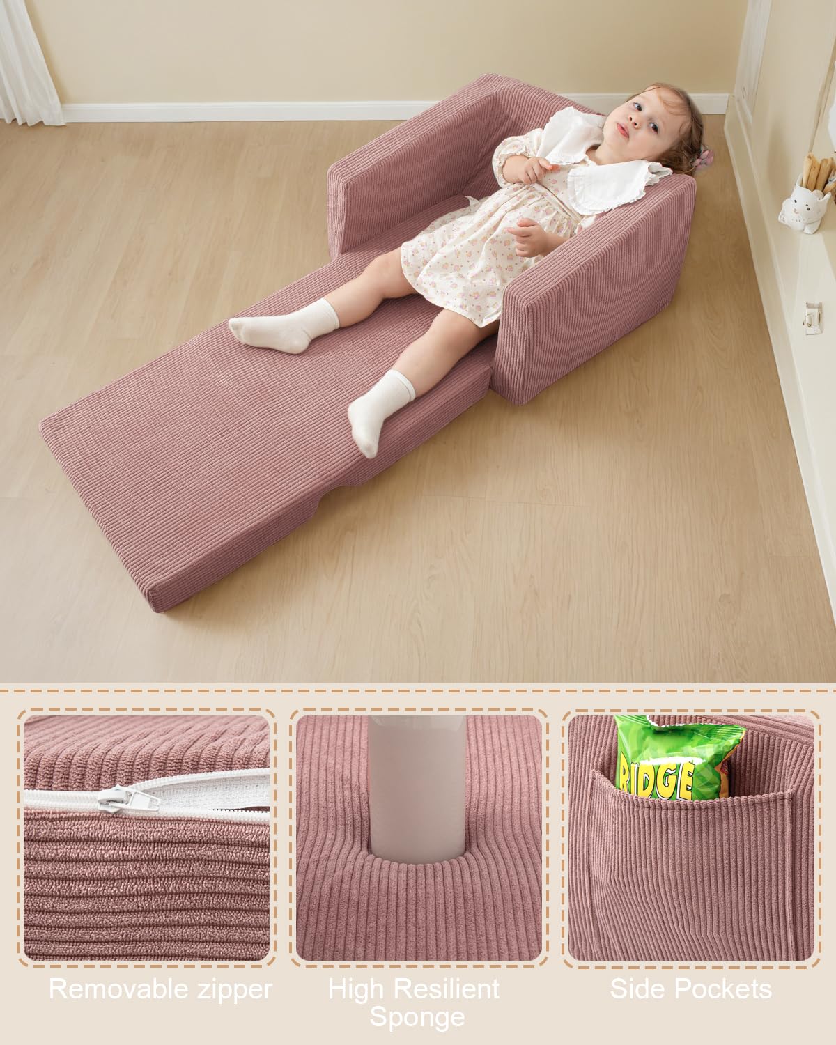 Jouha Kids Chair and Couch, 2-in-1 Fold-Out Kids Sofa, Soft Convertible Seating, Comfy Kids Chair for Boys and Girls,Pink