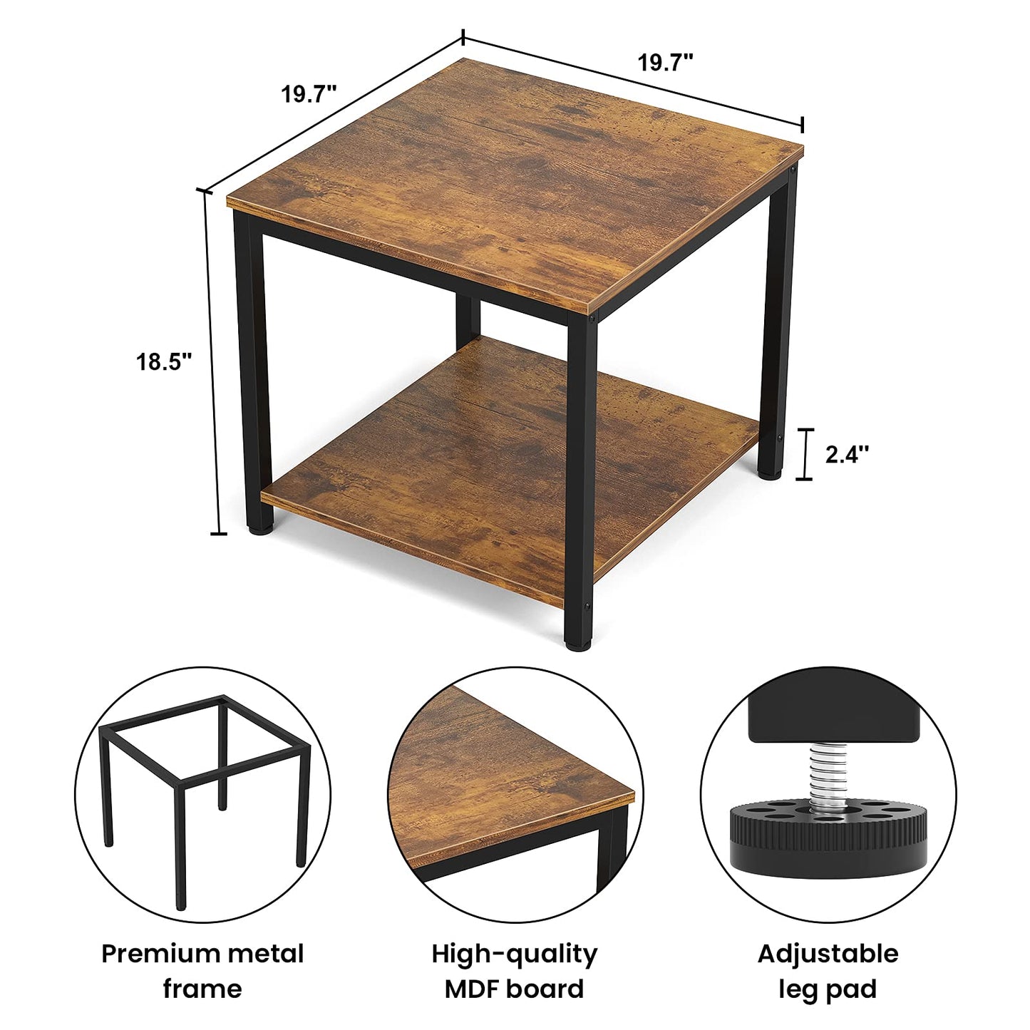 Homieasy Side Table 20 Inch Square, 2-Tier Coffee Tea End Table Nightstands for Sofa Couch Bed, Metal Wood Accent Modern Simple Industrial Style Side Table for Living Room Bedroom, Rustic Brown