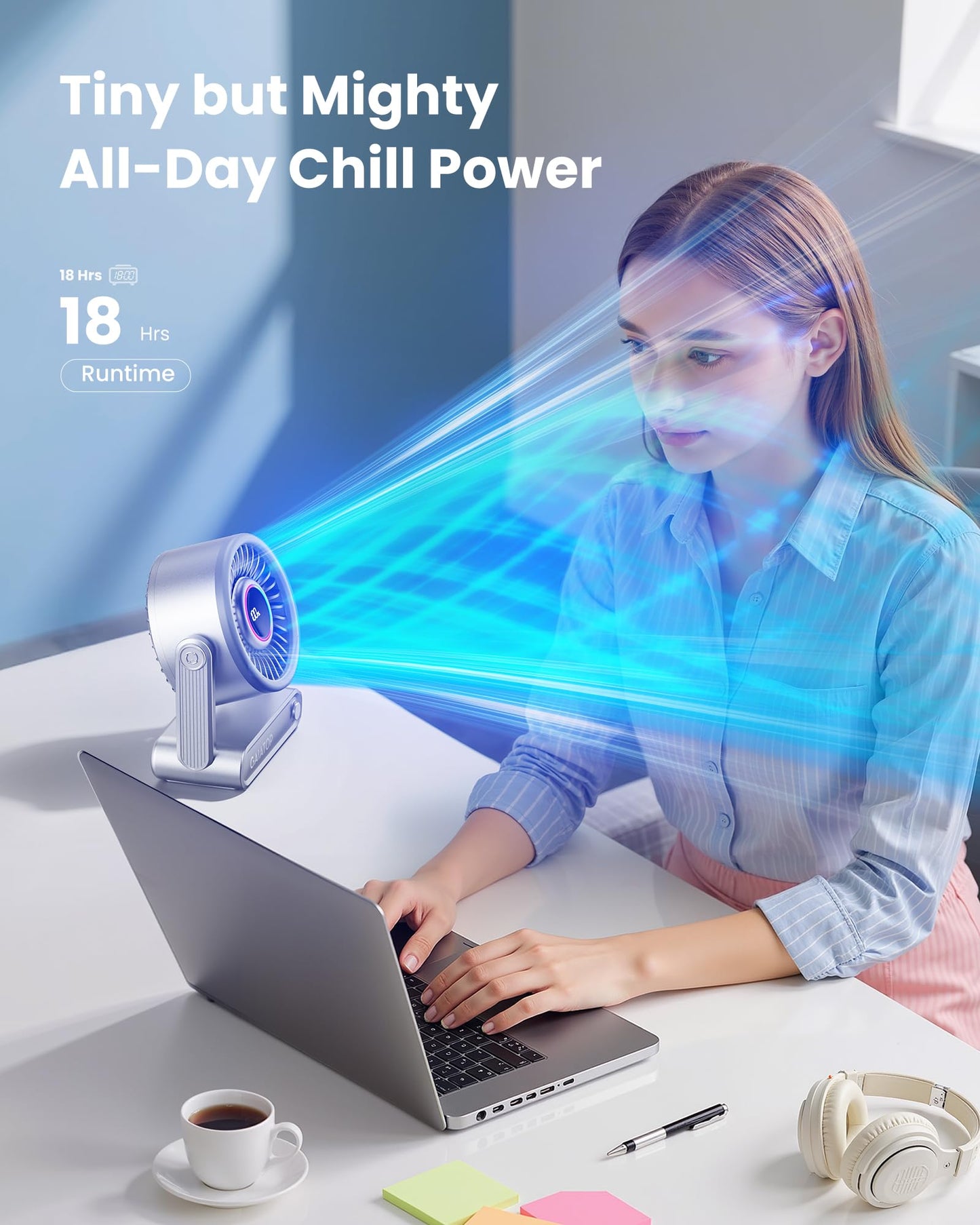 Gaiatop Portable Quiet Desk Fan, 6000mAh Rechargeable Battery Fan with RGB Ring, 18Hrs Runtime, 5-Speed Strong Wind, Bedroom Office Desk Accessories, Gifts for Women Men Teens, Silver