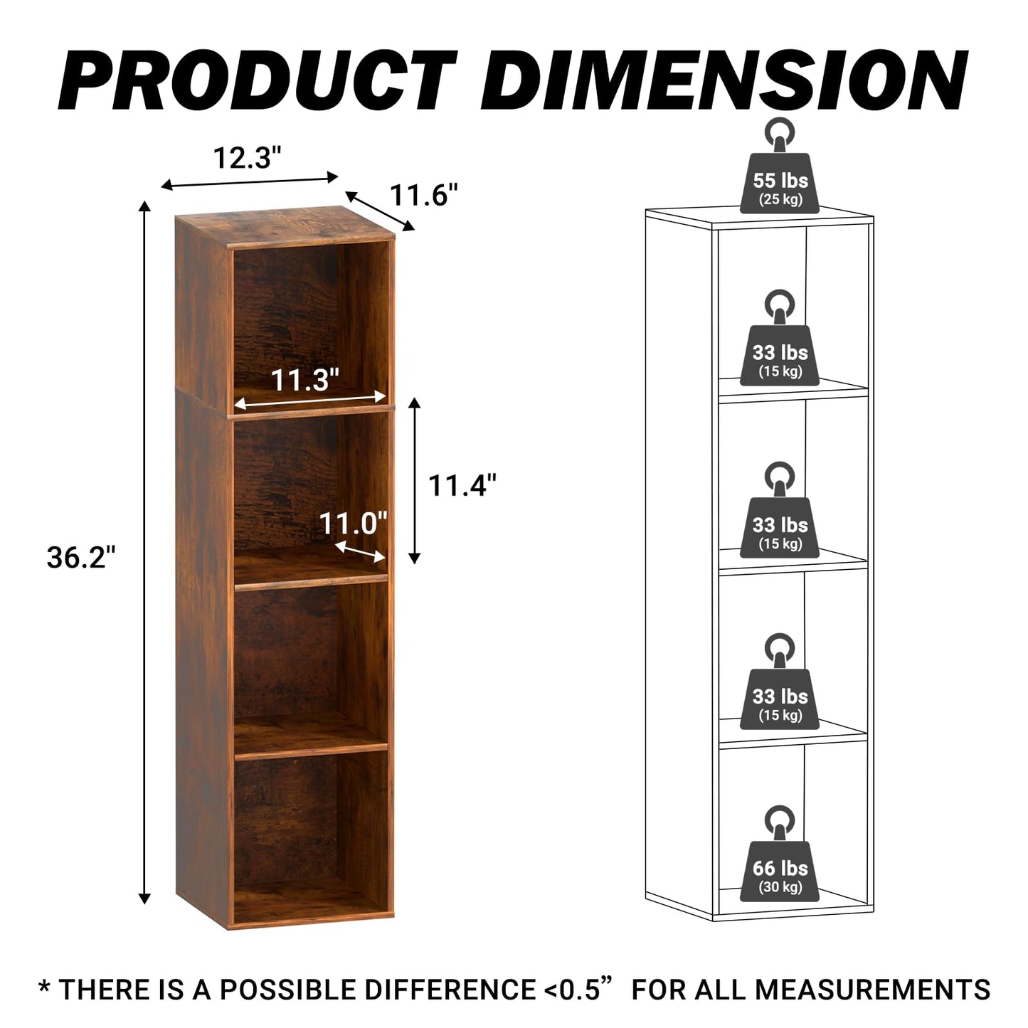 NewBeth Cube Storage Organizer, 4 Cube Retro Bookshelf, Freestanding 4 Tier Open Shelf, Rustic Brown Retro Shelves for Home Office, Bedroom, Living Room, Study