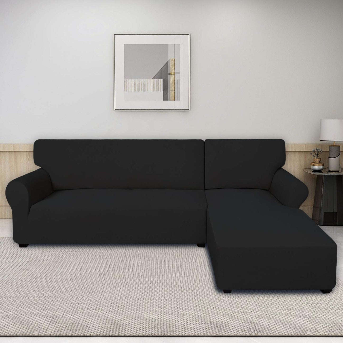 PureFit Super Stretch Sectional Couch Covers - 2 pcs Non Slip Sofa Covers with Elastic Bottom for L Shape Sectional Sofa Couch, Great for Kids & Pets (3 Seat Sofa + 3 Seat Chaise, Black)