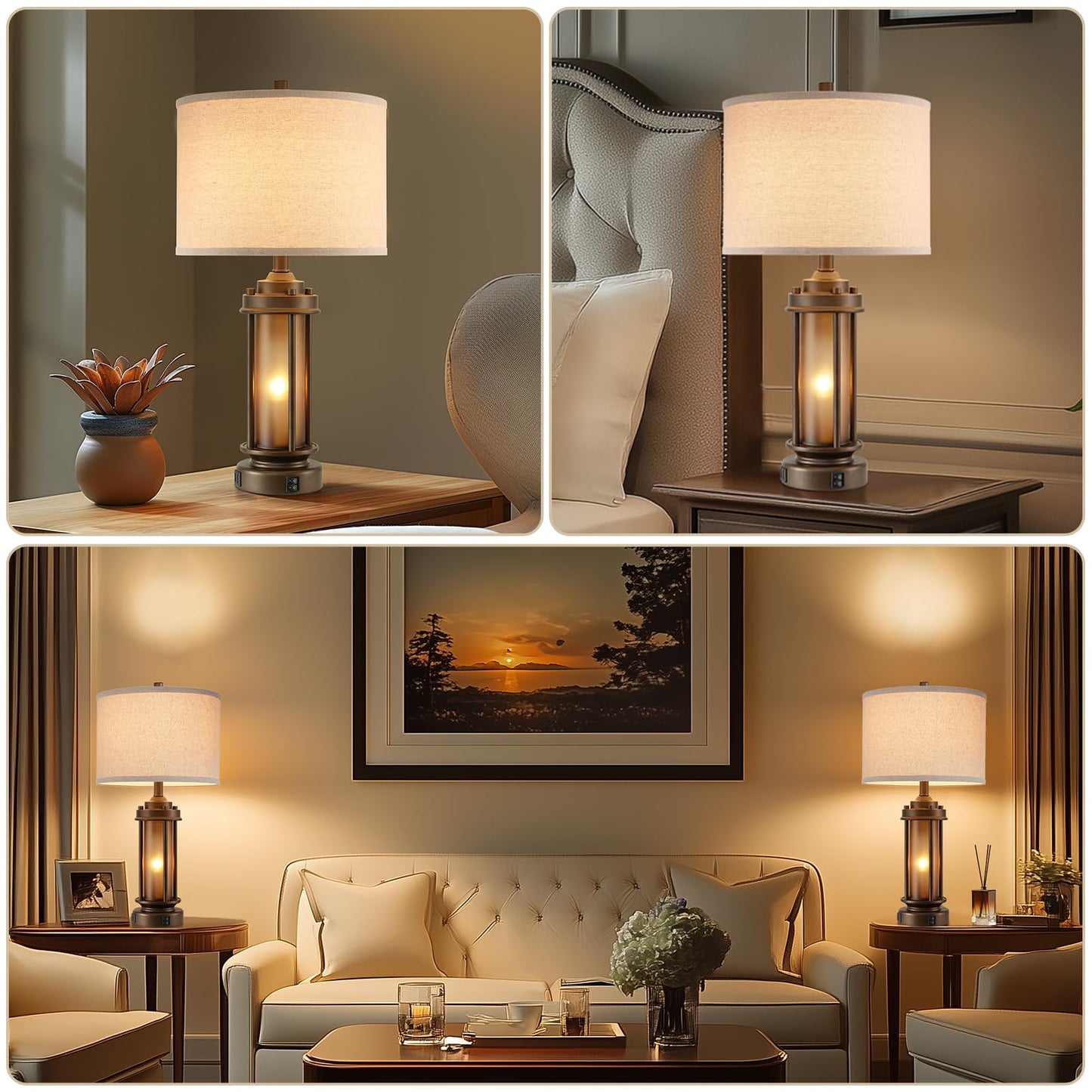 AIEAMPDO Set of 2 Farmhouse Table Lamps with 2 USB C+A Ports