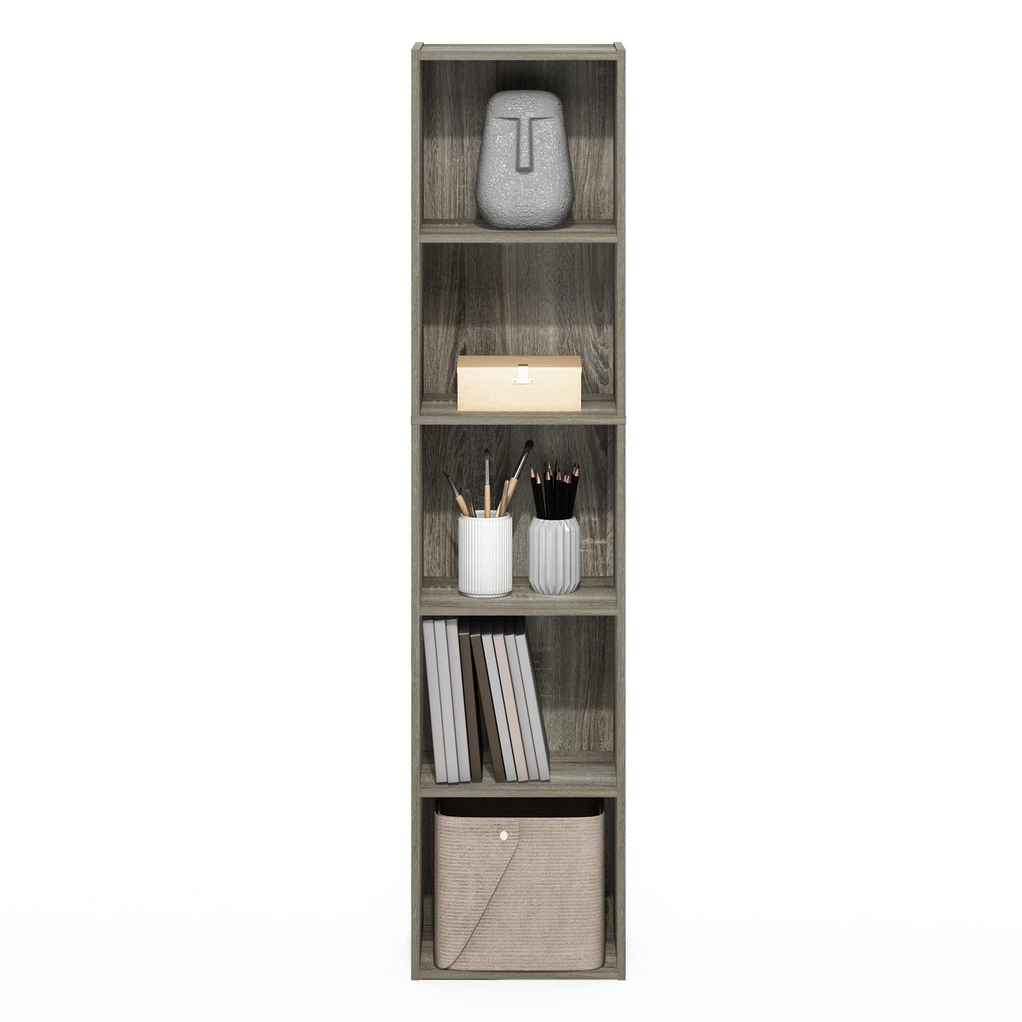 Furinno PASIR Book Shelf, 5-Tier Tall Narrow Bookshelf, Open Shelves Bookcase, 9 x 12 x 52, Easy Assembly, for Living Room, Bedroom, Home Office, French Oak