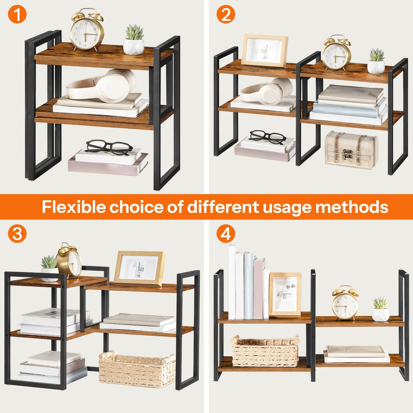HOOBRO Desk Shelf Organizer, Adjustable Desktop Bookshelf, 2-Tier Shelf for Top of Desk, Wooden Office Storage Rack, for Office, Study, Kitchen, Dorm, Rustic Brown and Black BF39SJ01
