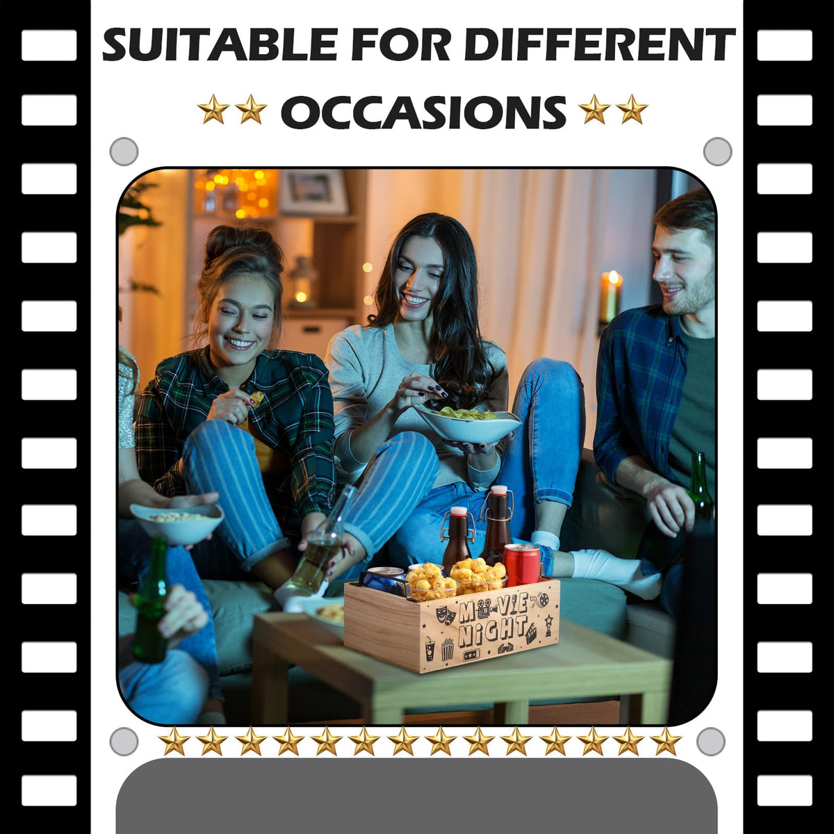 Sliner Movie Night Snack Trays with Handles Reusable Wood Movie Gift Basket Popcorn Bucket Bowl Box Container for Cinema Party Family Theater Christmas Countertop Chips Candy Popcorn Kitchen Supplies